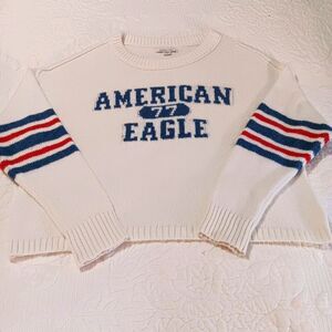 American Eagle Crewneck Sweater Sz M Cream With Red & Blue Stripes AE Logo